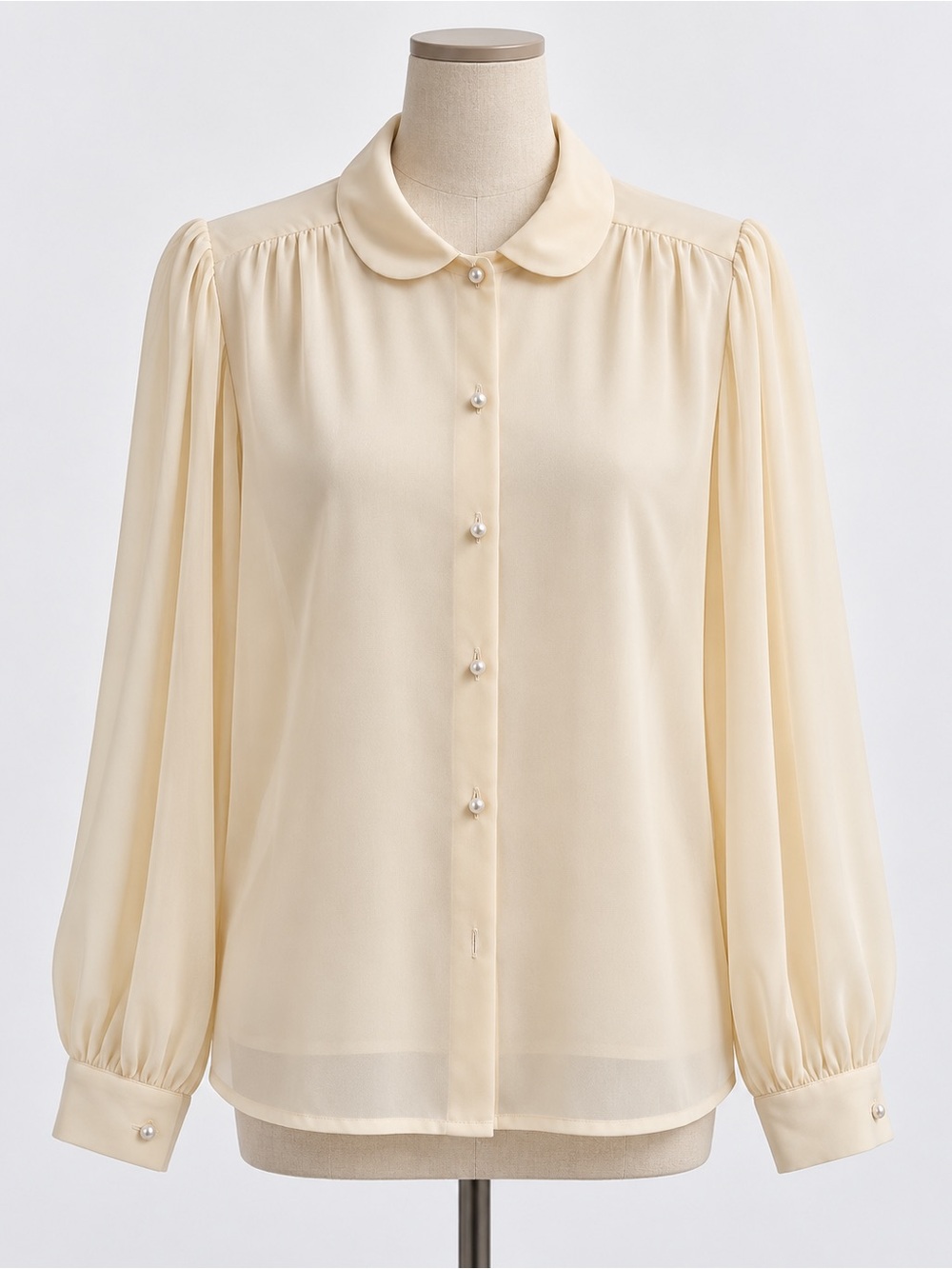 Vintage-Inspired Pearl-Button Cream Button Blouse
